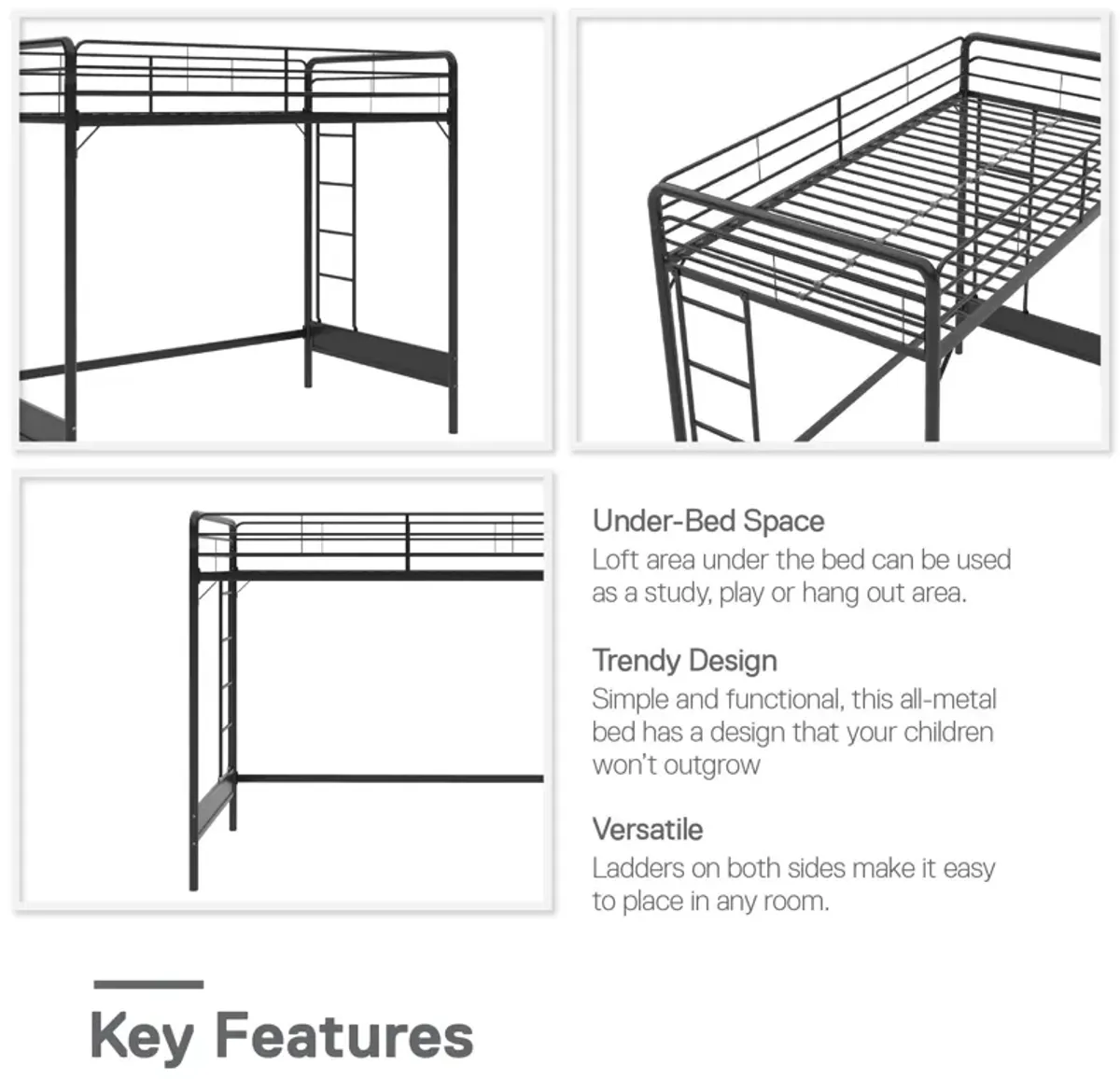 Colten Raised Loft Bed with Metal Frame and Bottom Nook