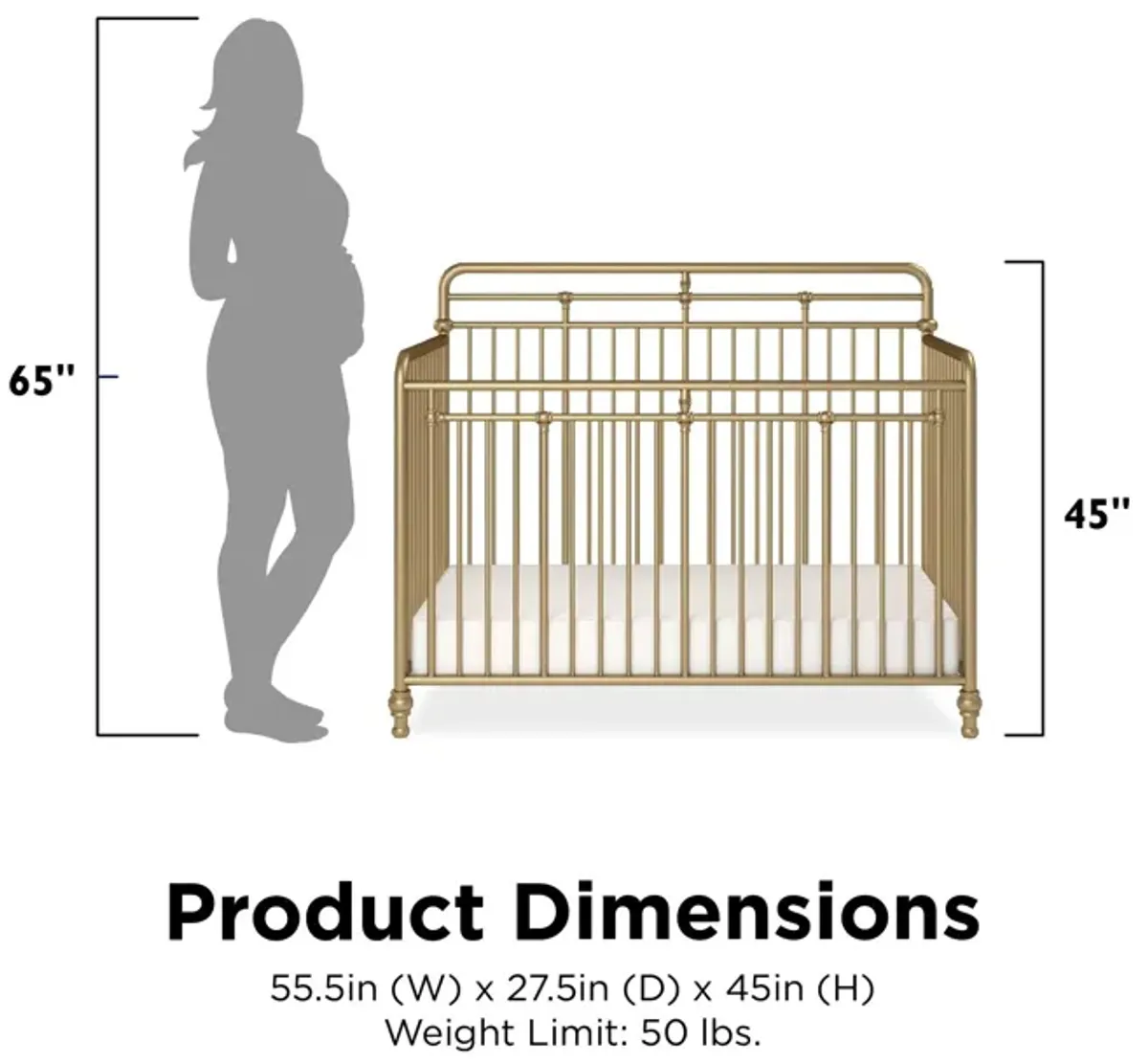 Monarch Hill Hawken 3 in 1 Convertible Metal Crib Adjusts to 3 Heights