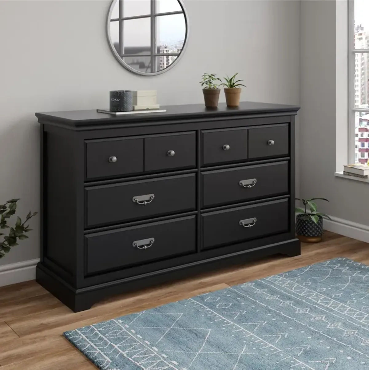 Bristol Traditional 6 Drawer Dresser with Elegant Moldings and Pewter Pulls