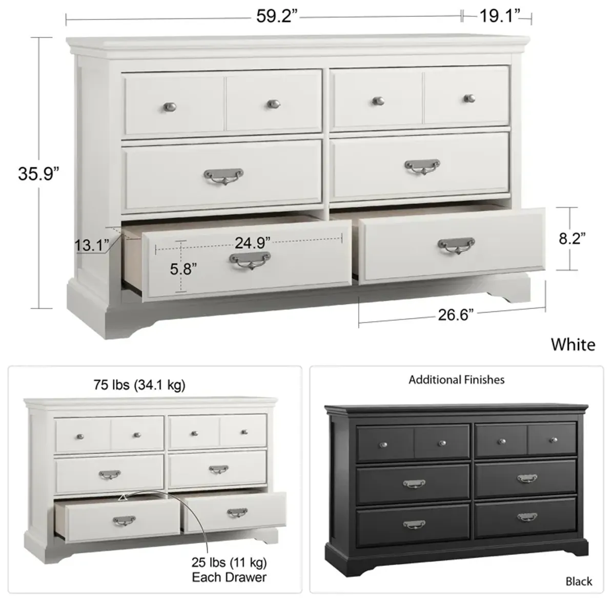 Bristol Traditional 6 Drawer Dresser with Elegant Moldings and Pewter Pulls