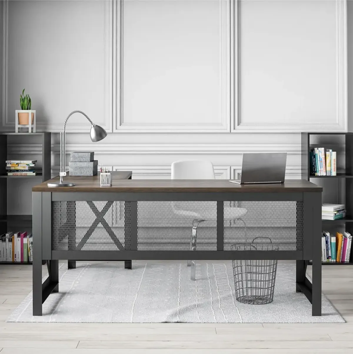 Hudson Rustic Industrial L Desk with Lift Top and Metal Frame