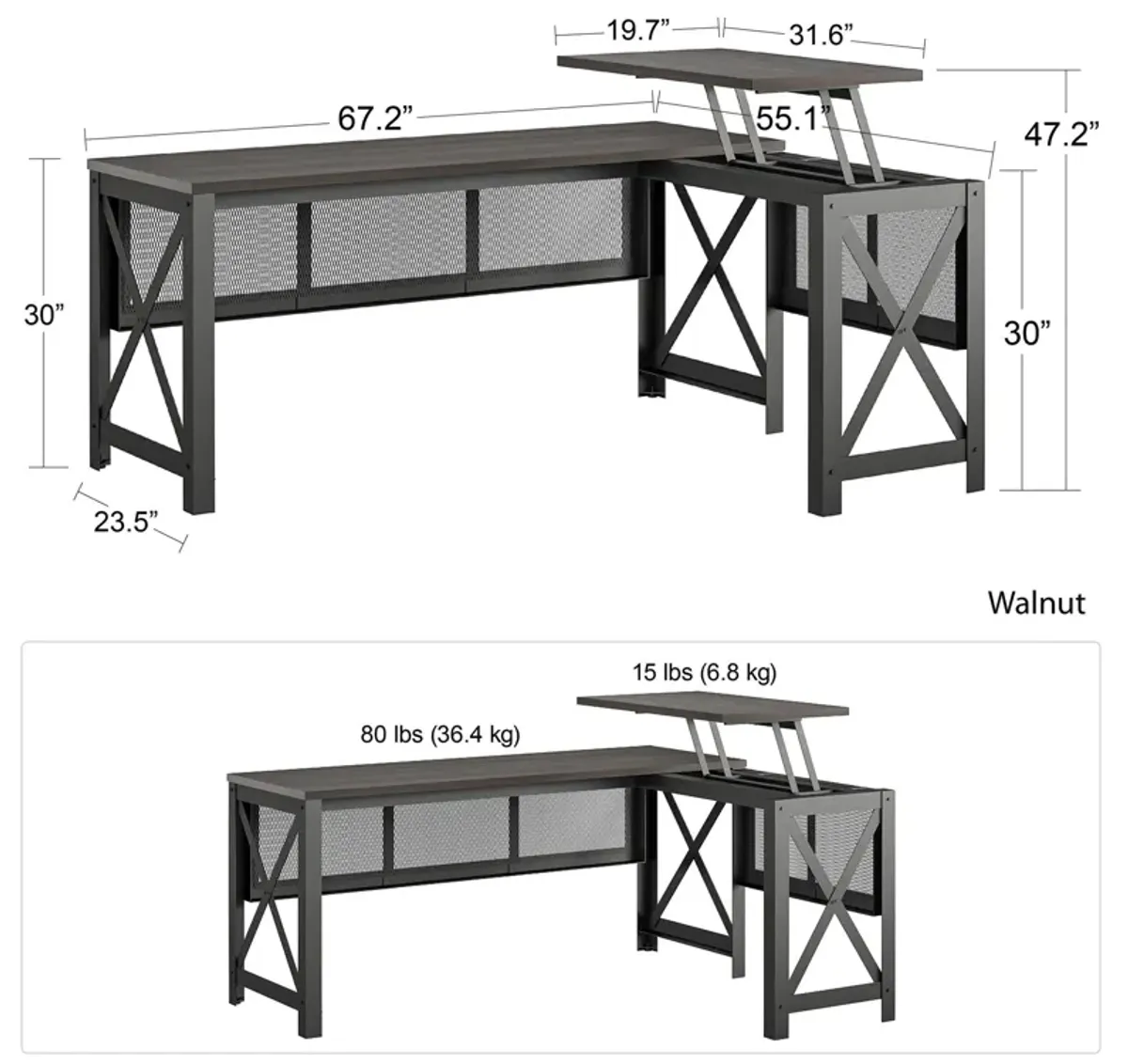 Hudson Rustic Industrial L Desk with Lift Top and Metal Frame