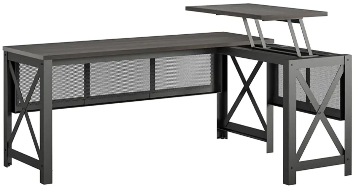 Hudson Rustic Industrial L Desk with Lift Top and Metal Frame