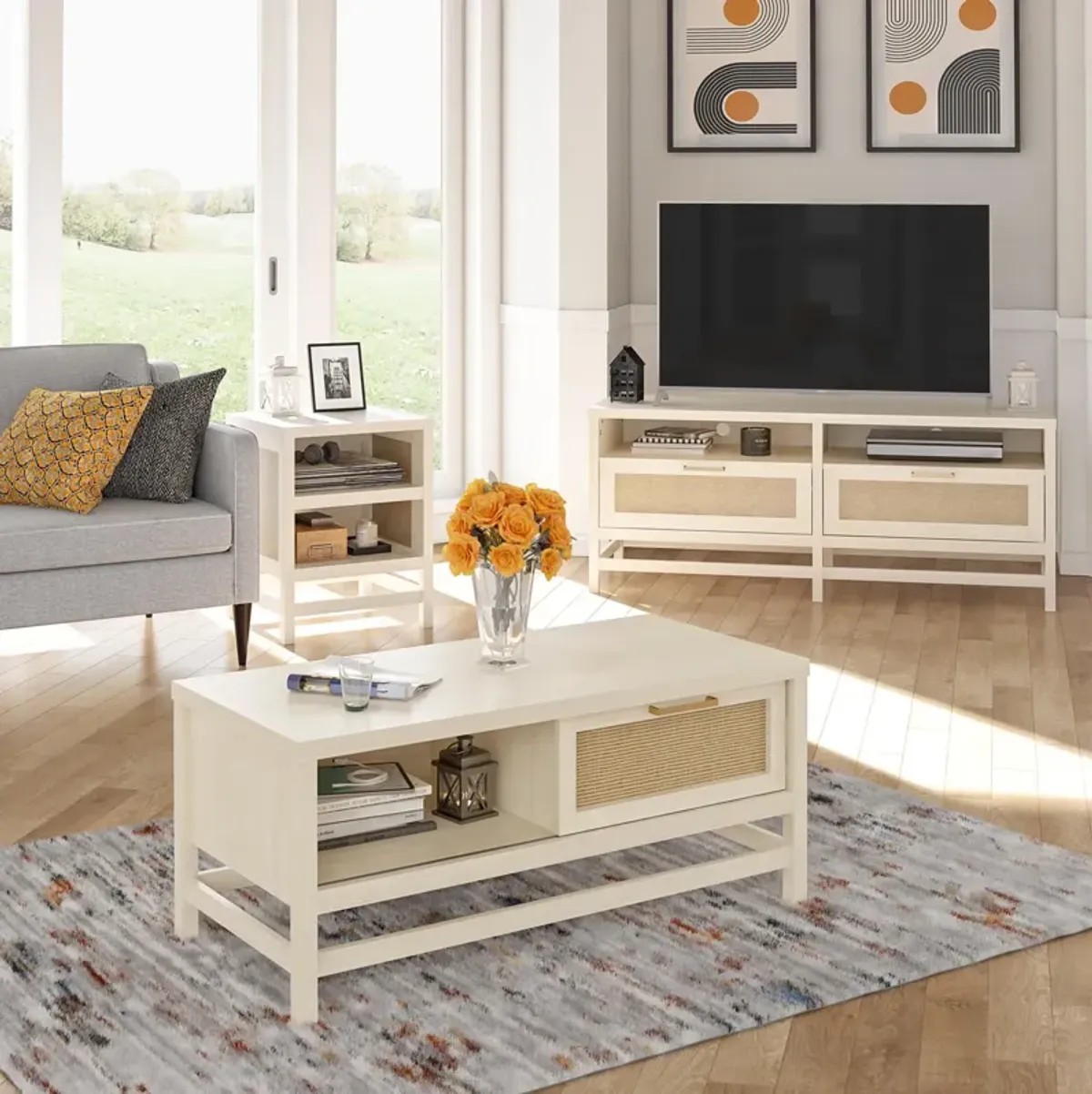 Lennon TV Stand for TVs up to 60 Inch with Faux Rattan and 2 Large Drawers