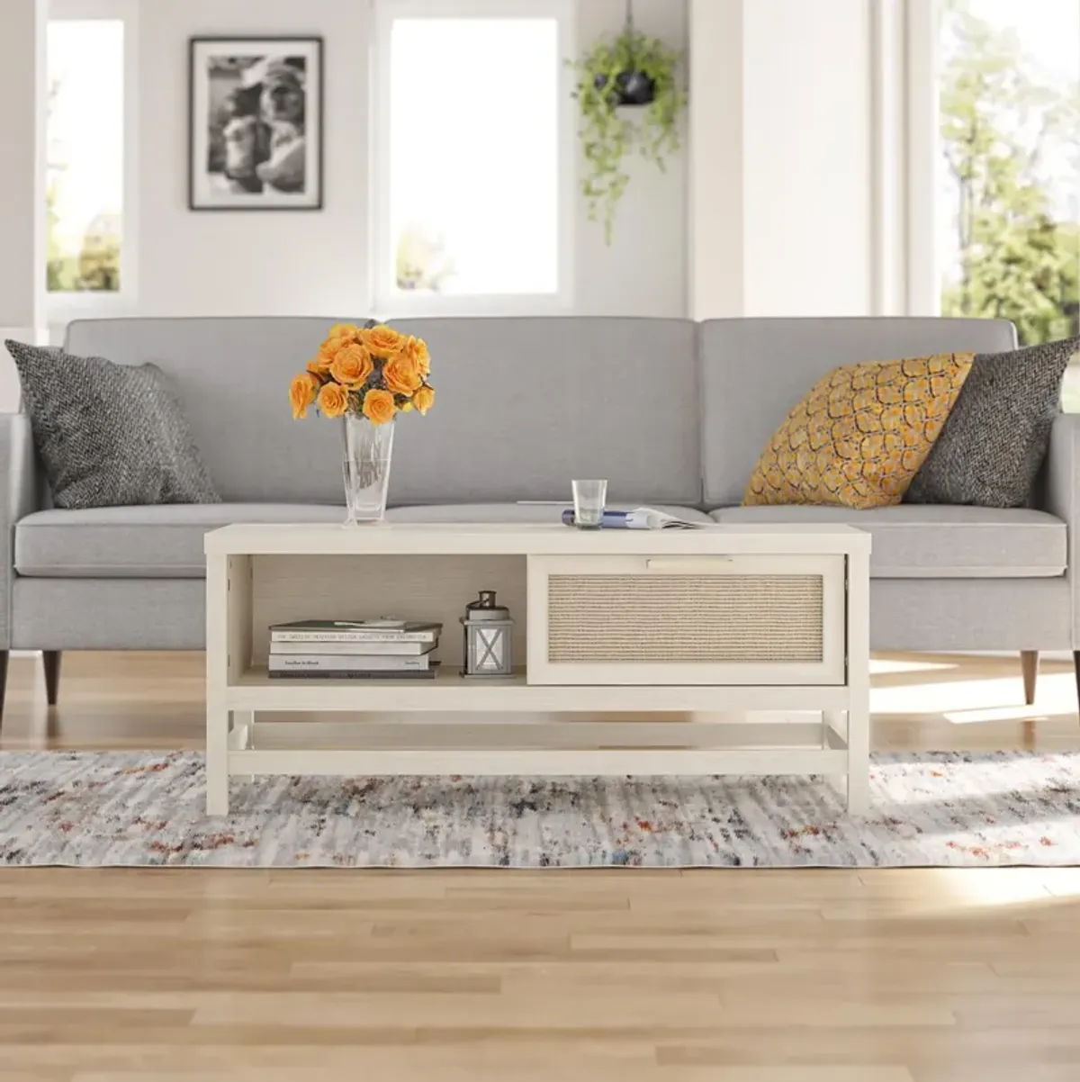 Lennon Coffee Table with Faux Rattan and Sliding Door