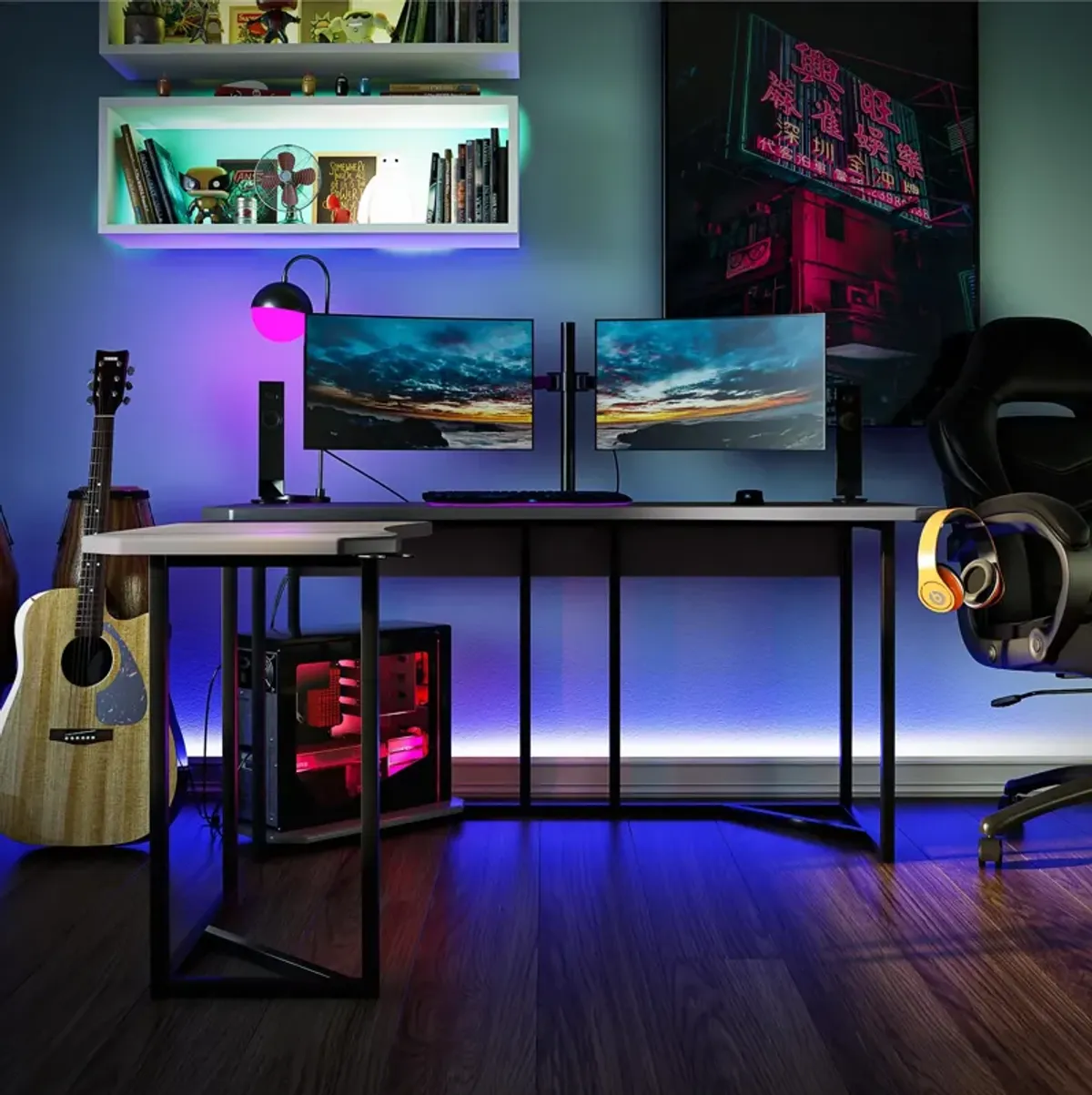 Quest Gaming Reversible L Desk with CPU Stand and Wire Management System