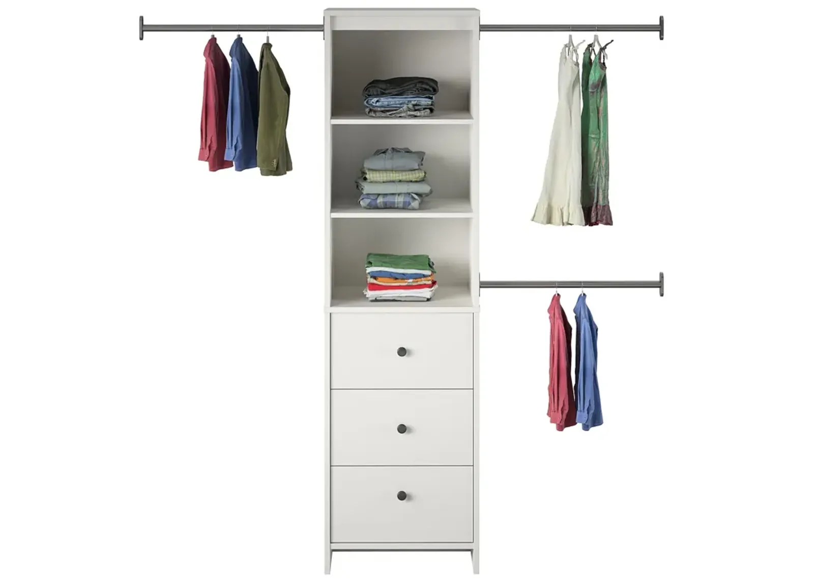 Beckett Closet Storage Organizer with 3 Clothing Rods, 3 Shelves and 3 Drawers