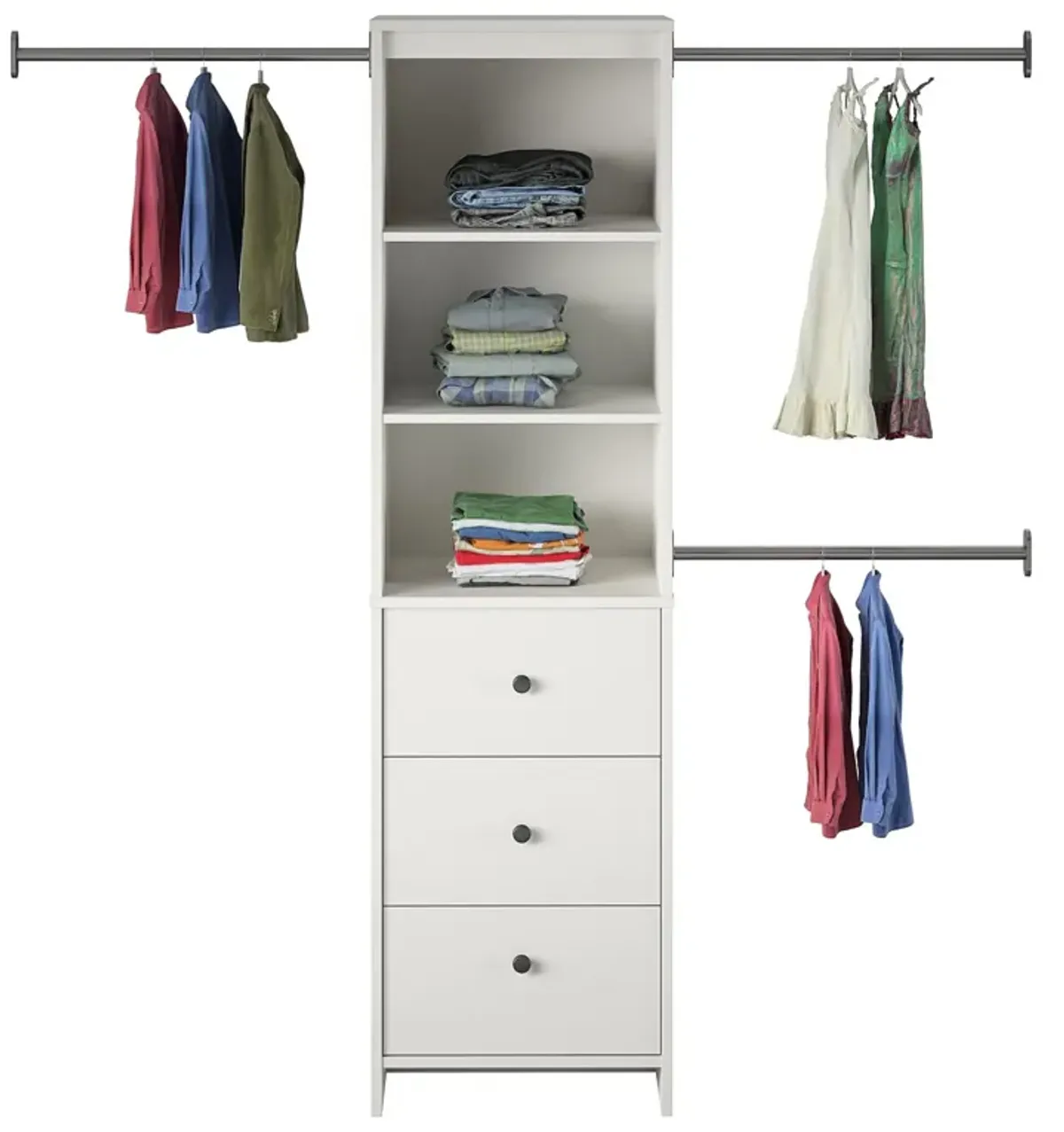 Beckett Closet Storage Organizer with 3 Clothing Rods, 3 Shelves and 3 Drawers