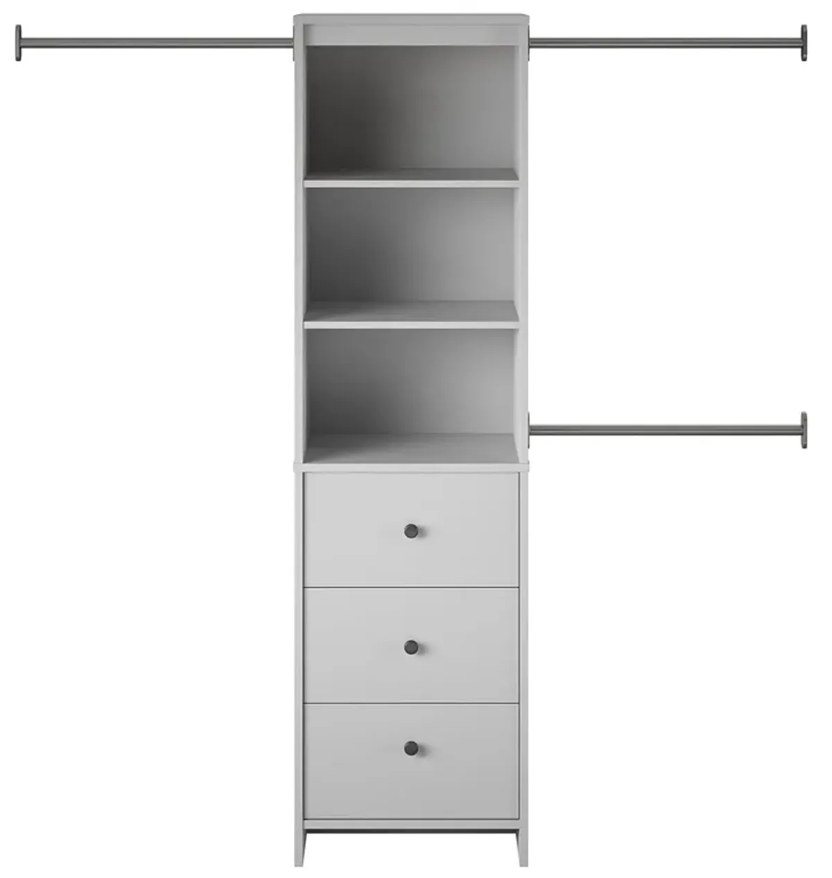 Beckett Closet Storage Organizer with 3 Clothing Rods, 3 Shelves and 3 Drawers