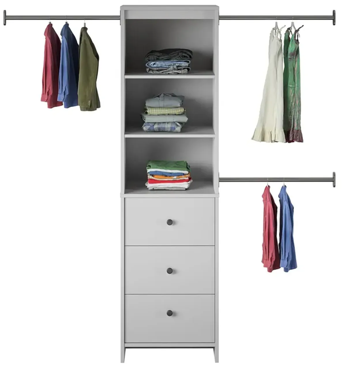 Beckett Closet Storage Organizer with 3 Clothing Rods, 3 Shelves and 3 Drawers