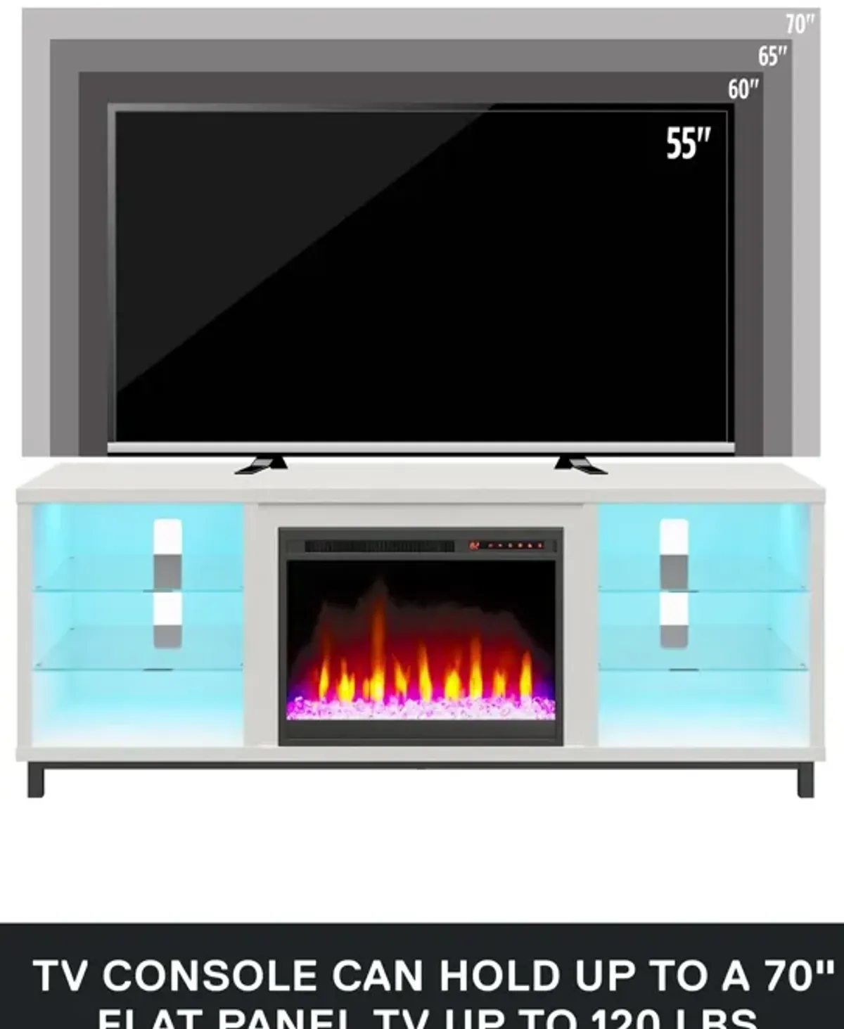 Lumina Fireplace TV Stand for TVs up to 70 Inch with 7 Color LED Lights