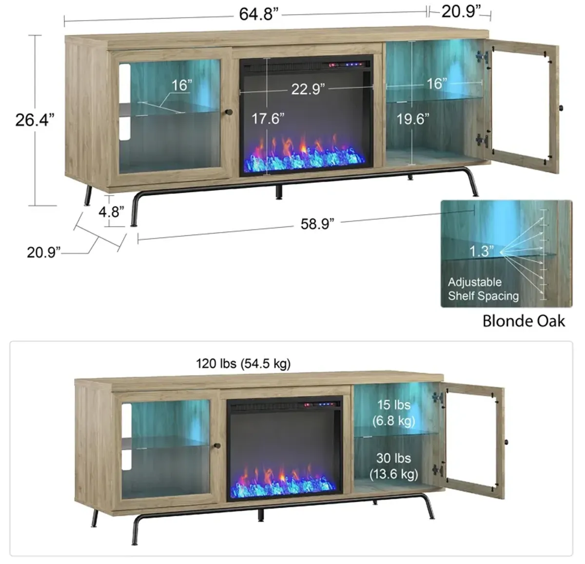 Sydney View Fireplace TV Stand for TVs up to 70 Inches with LED Lighting