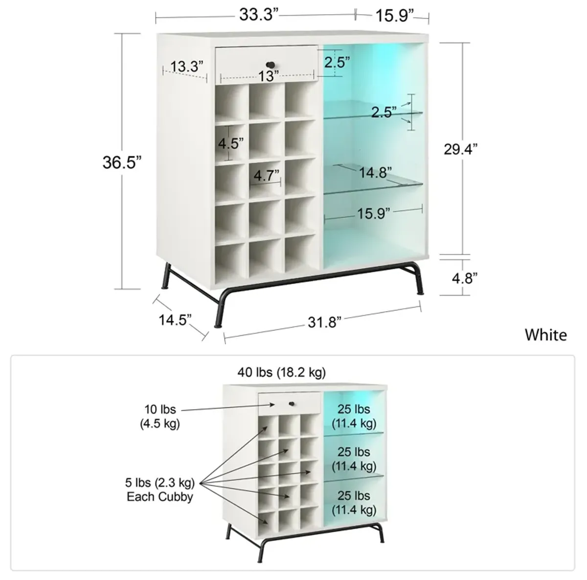 Melbourne Bar Cabinet with LED Lighting and 15 Bottle Compartments