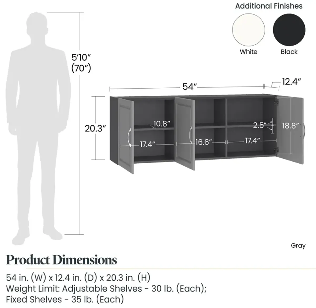 Kendall 54 Inch Multipurpose Storage Wall Cabinet with Shelves