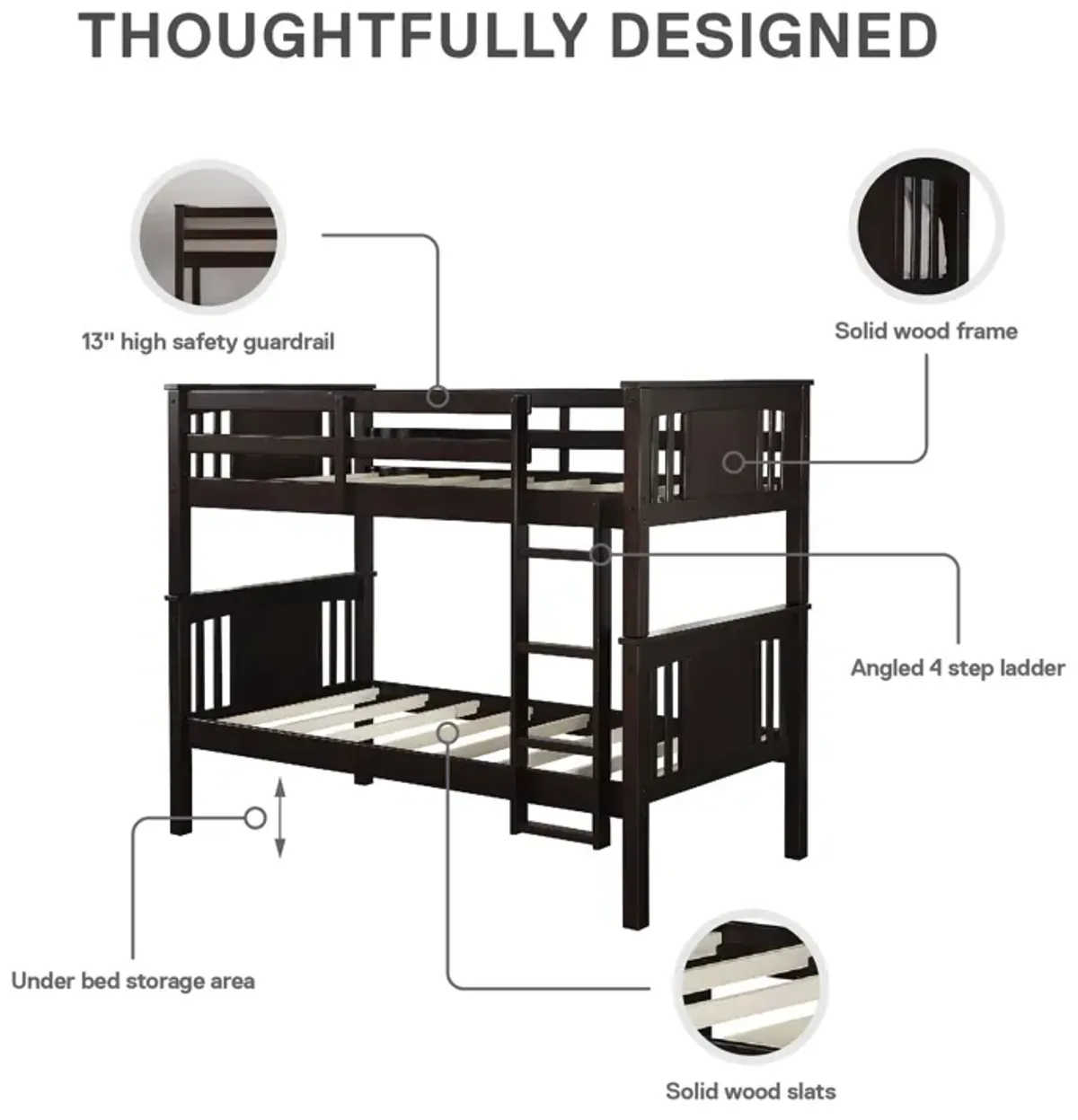 Dylan Wooden Twin over Twin Bunk Bed with Wood Slats