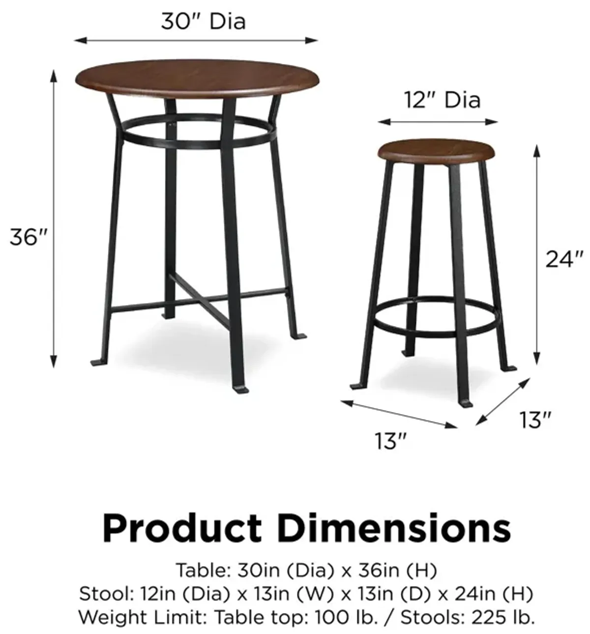 Montgomery Industrial 3-Piece Dining Set with Circular Table and 2 Bar Stools