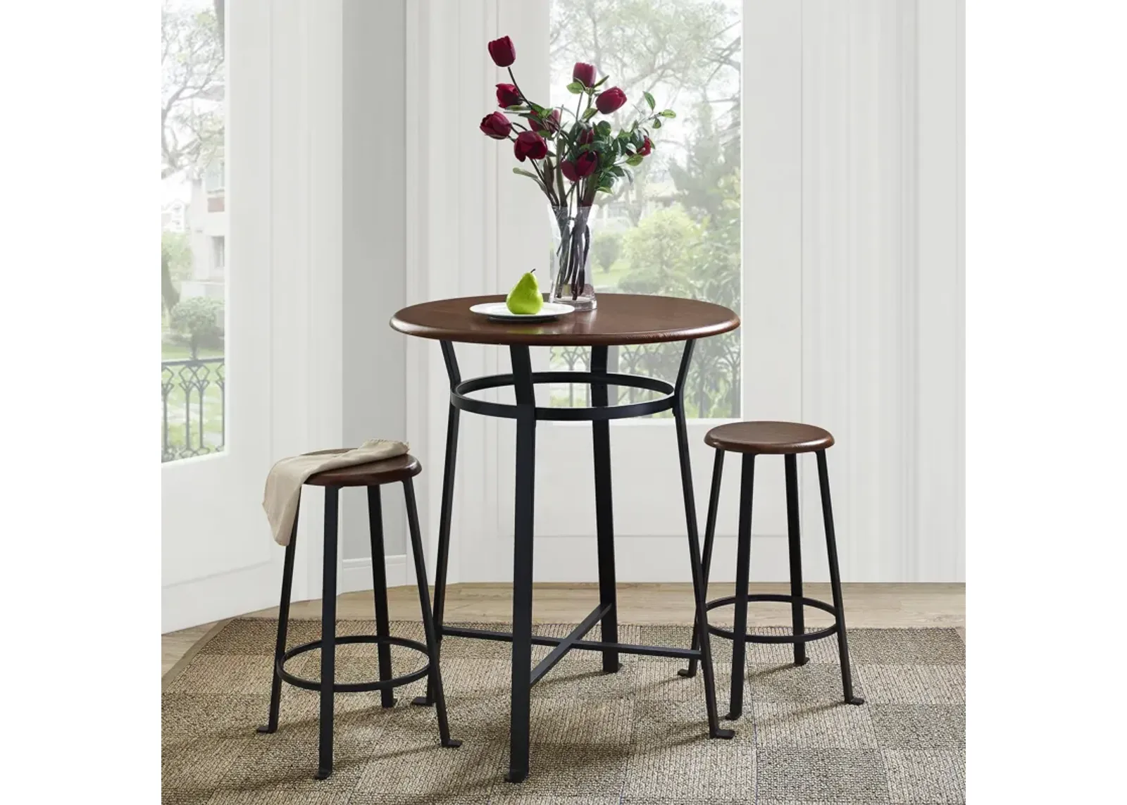 Montgomery Industrial 3-Piece Dining Set with Circular Table and 2 Bar Stools