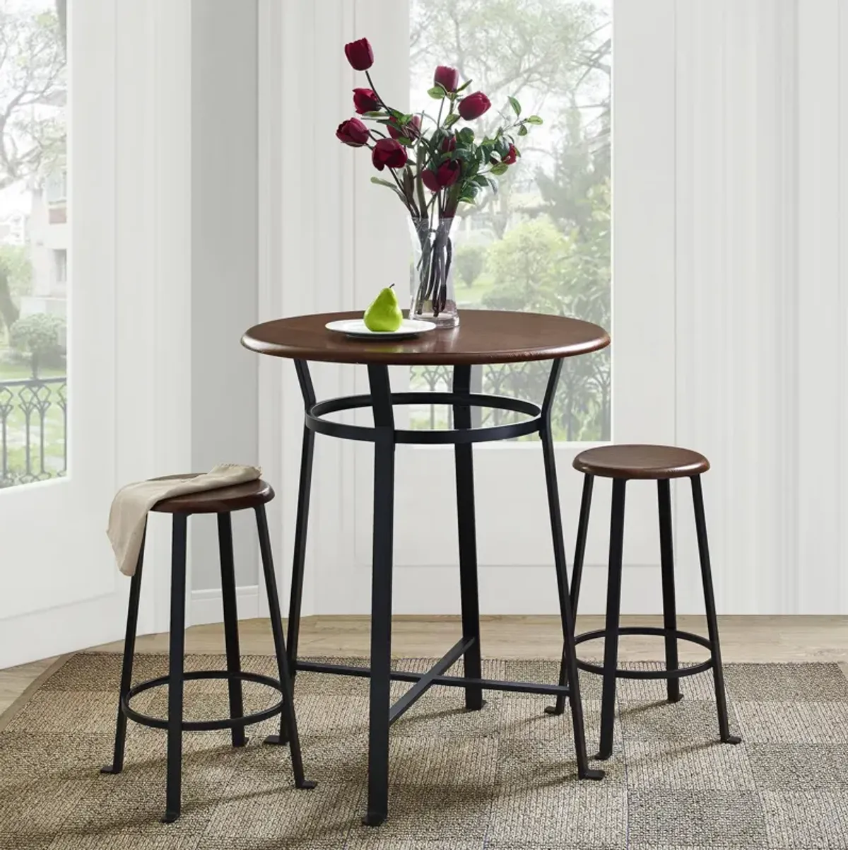 Montgomery Industrial 3-Piece Dining Set with Circular Table and 2 Bar Stools