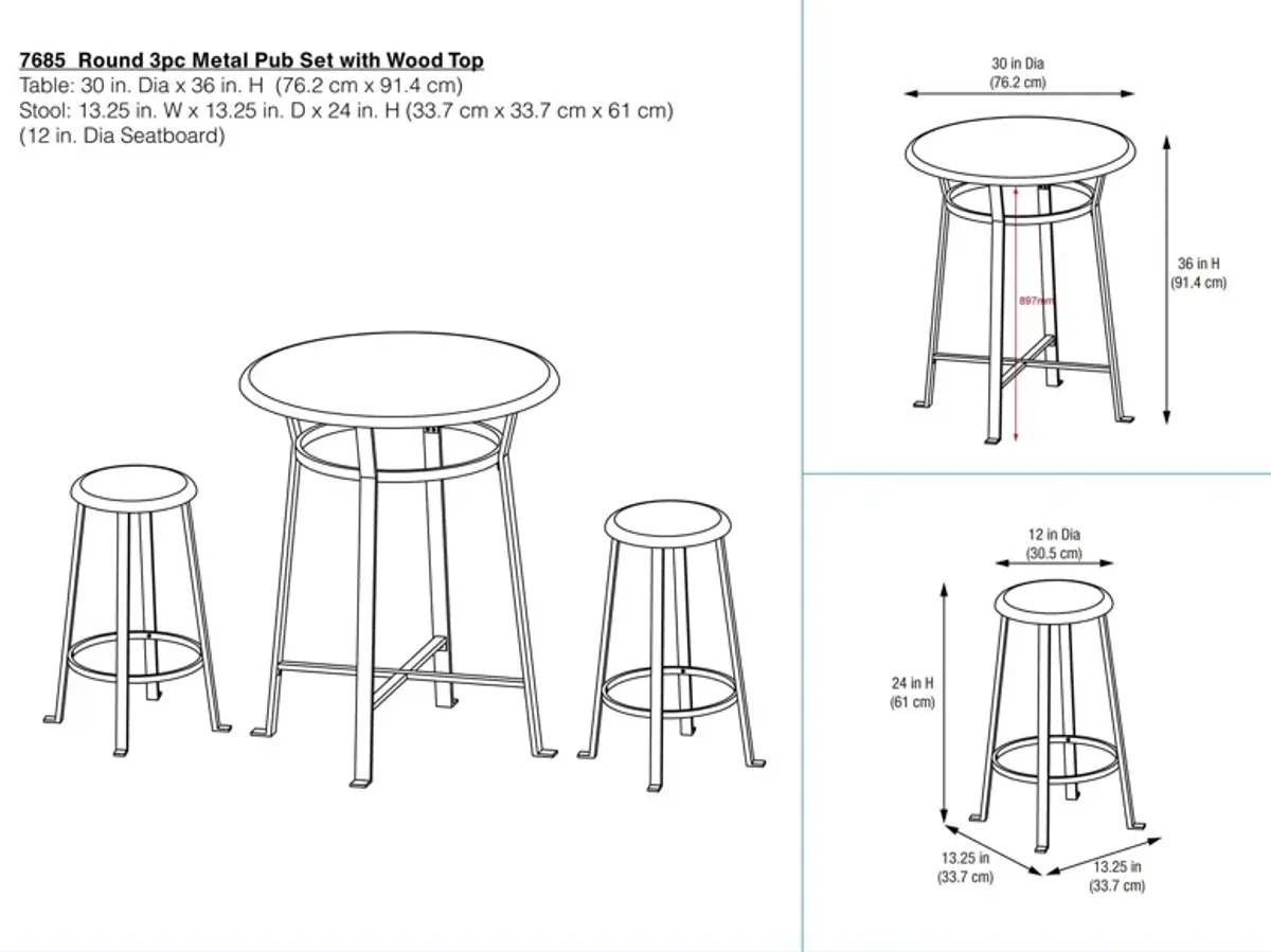 Montgomery Industrial 3-Piece Dining Set with Circular Table and 2 Bar Stools