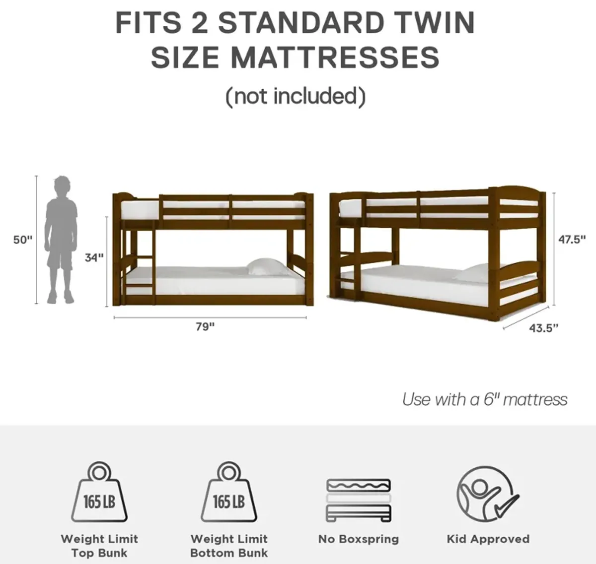 Sierra Twin over Twin Wood Bunk Bed, Converts into 2 Twin Beds