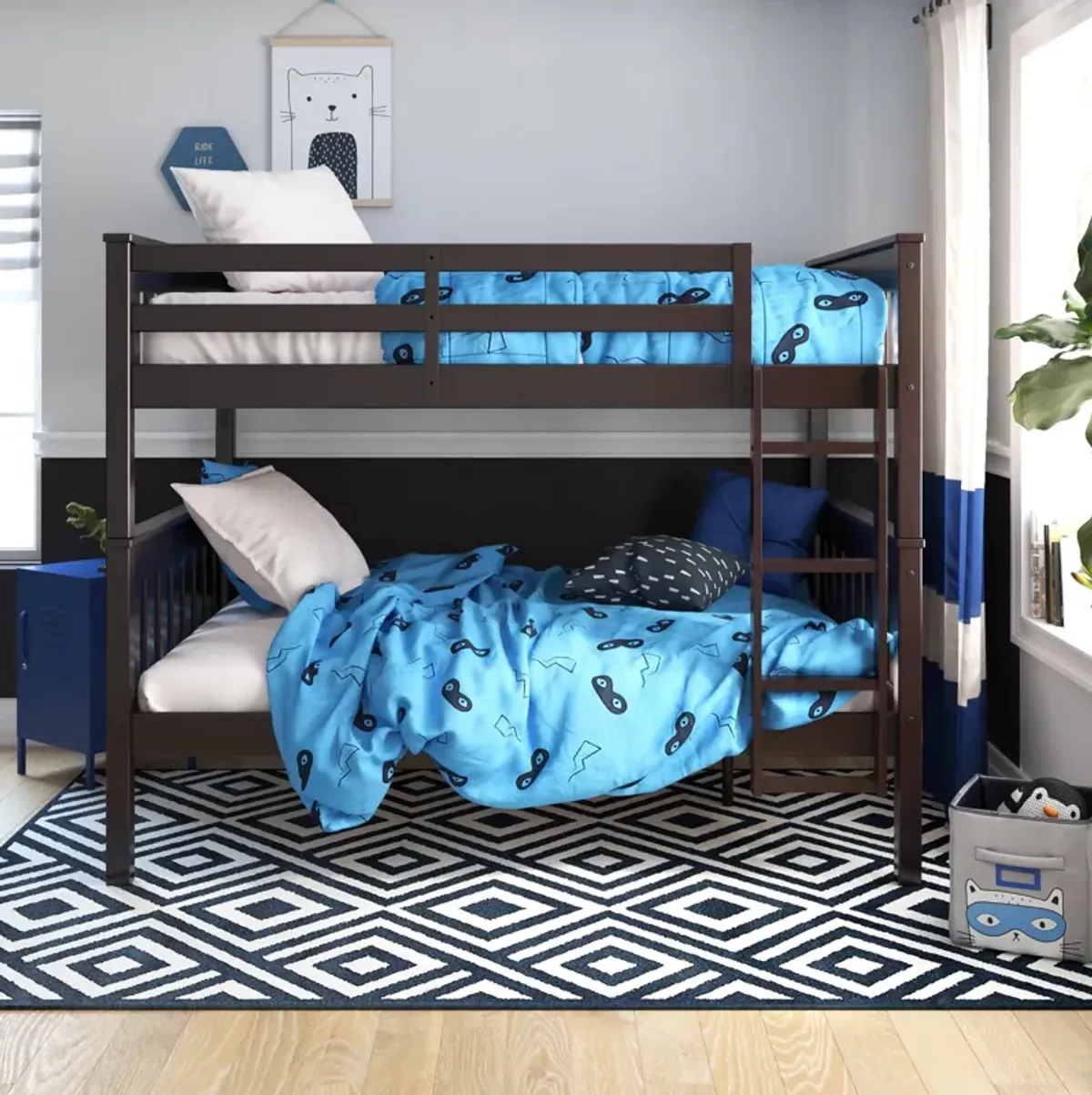 Moon Full-Over-Full Wood Bunk Bed with USB Port and Integrated Ladder