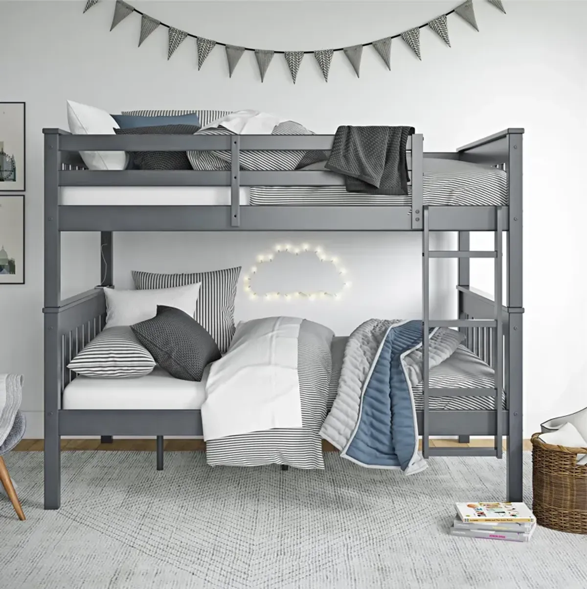 Moon Full-Over-Full Wood Bunk Bed with USB Port and Integrated Ladder