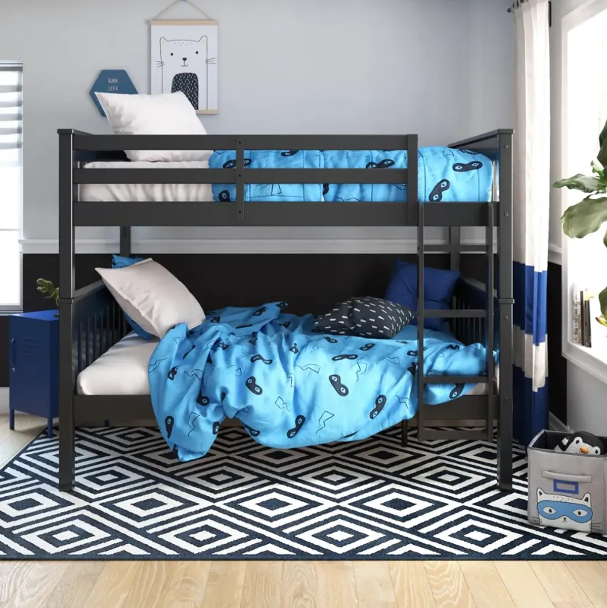 Moon Full-Over-Full Wood Bunk Bed with USB Port and Integrated Ladder