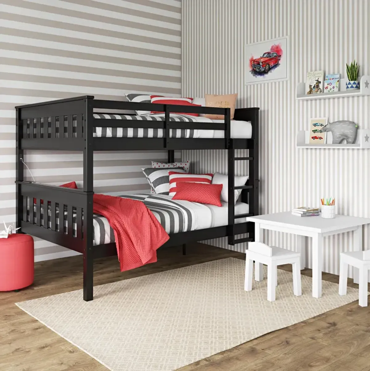 Moon Full-Over-Full Wood Bunk Bed with USB Port and Integrated Ladder