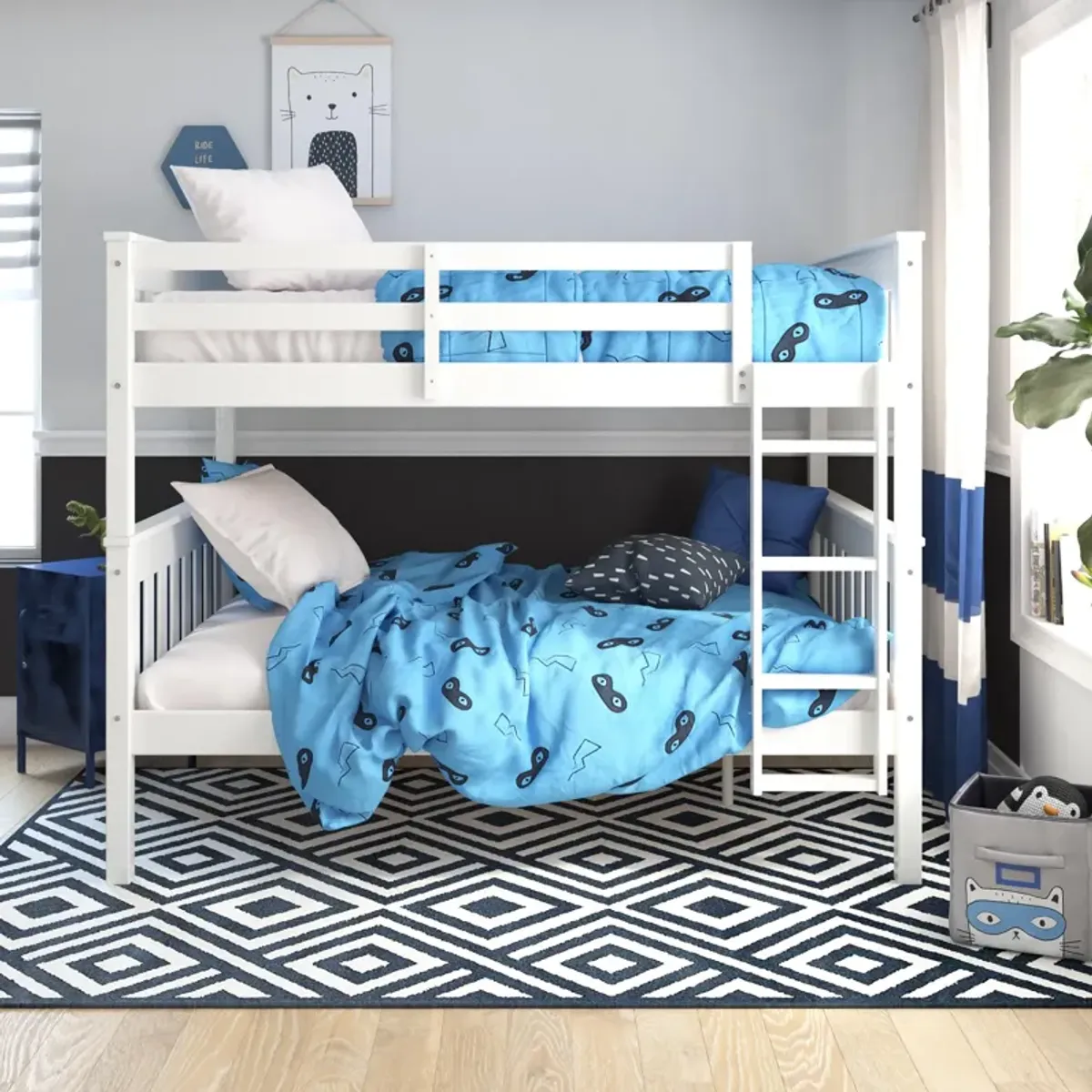 Moon Full-Over-Full Wood Bunk Bed with USB Port and Integrated Ladder