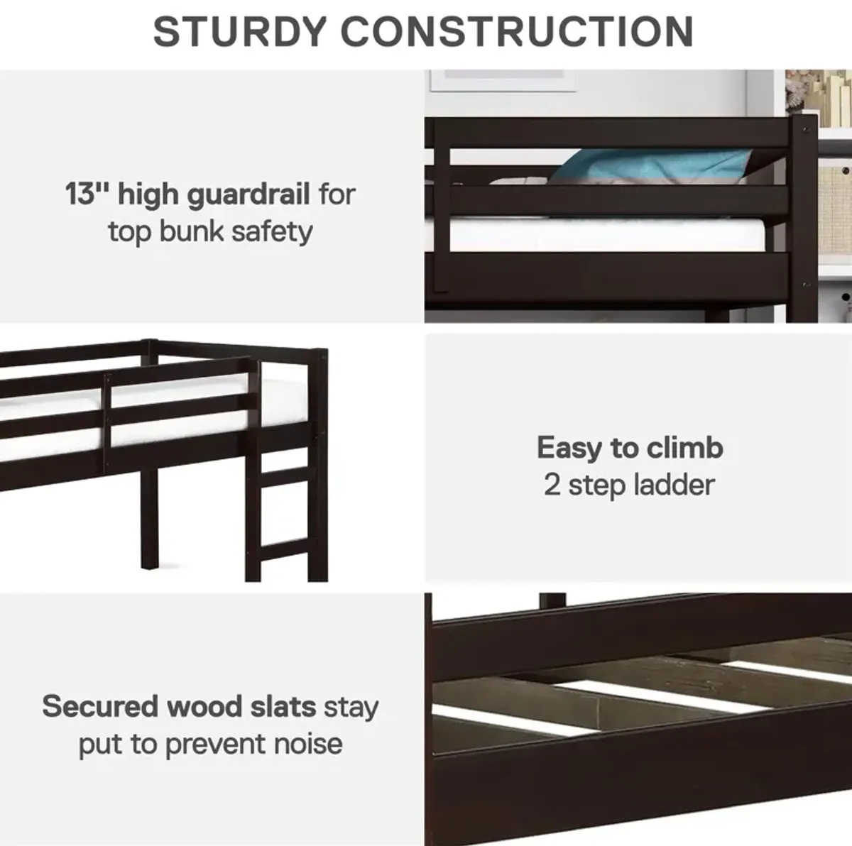 Milton Junior Twin Size Wooden Espresso Loft Bed for Kids