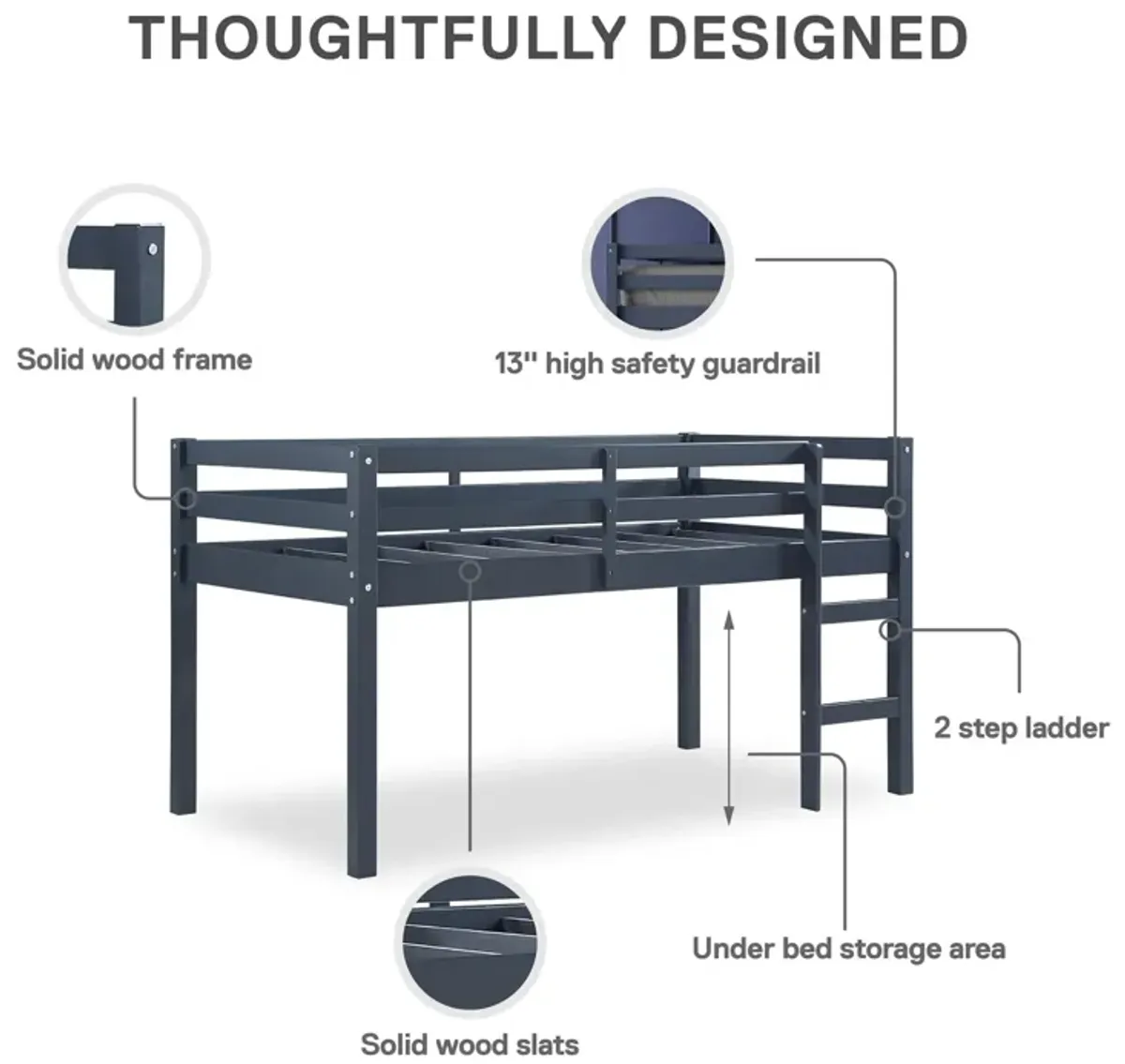 Milton Junior Twin Size Wooden Espresso Loft Bed for Kids