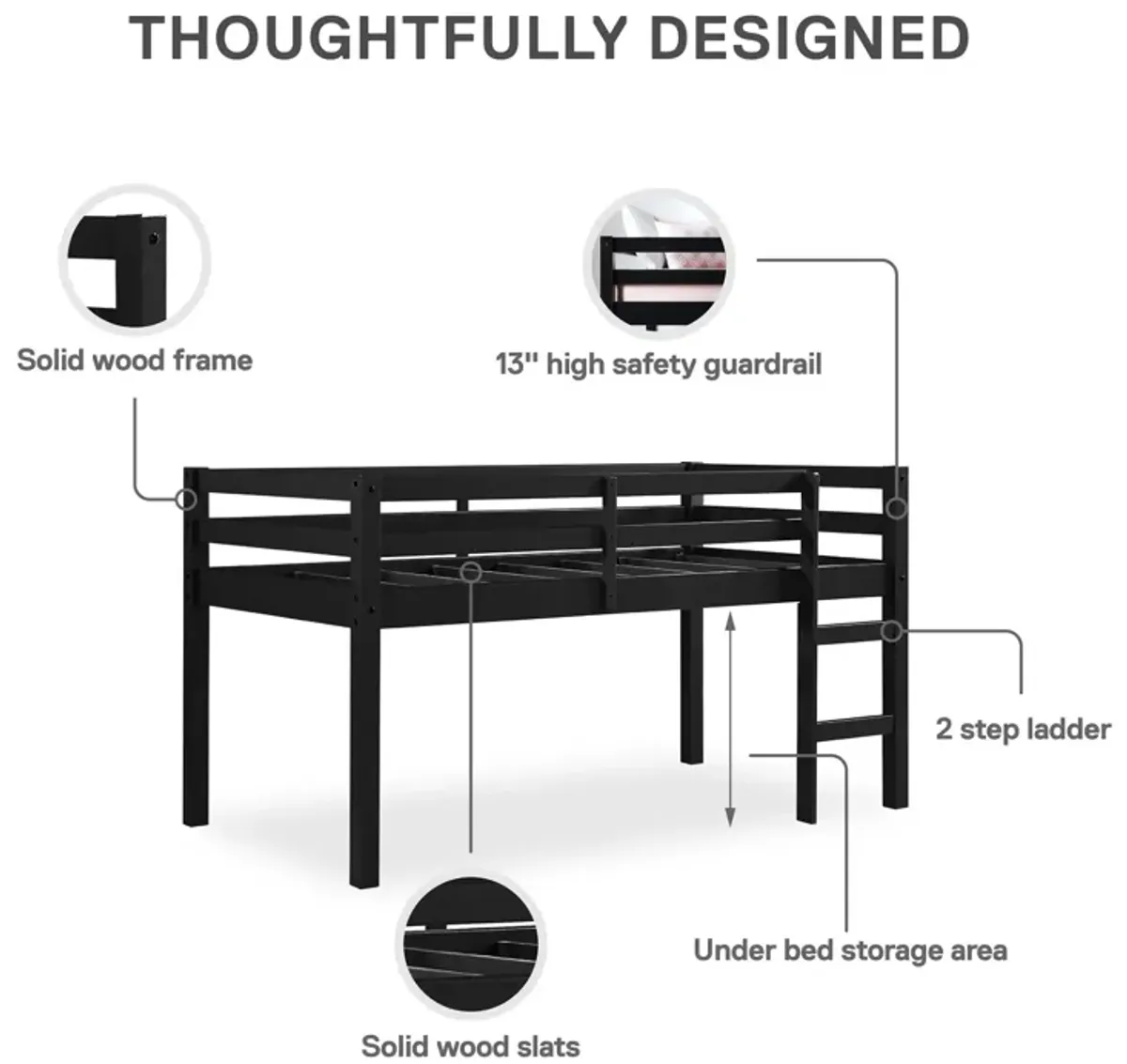 Milton Junior Twin Size Wooden Espresso Loft Bed for Kids