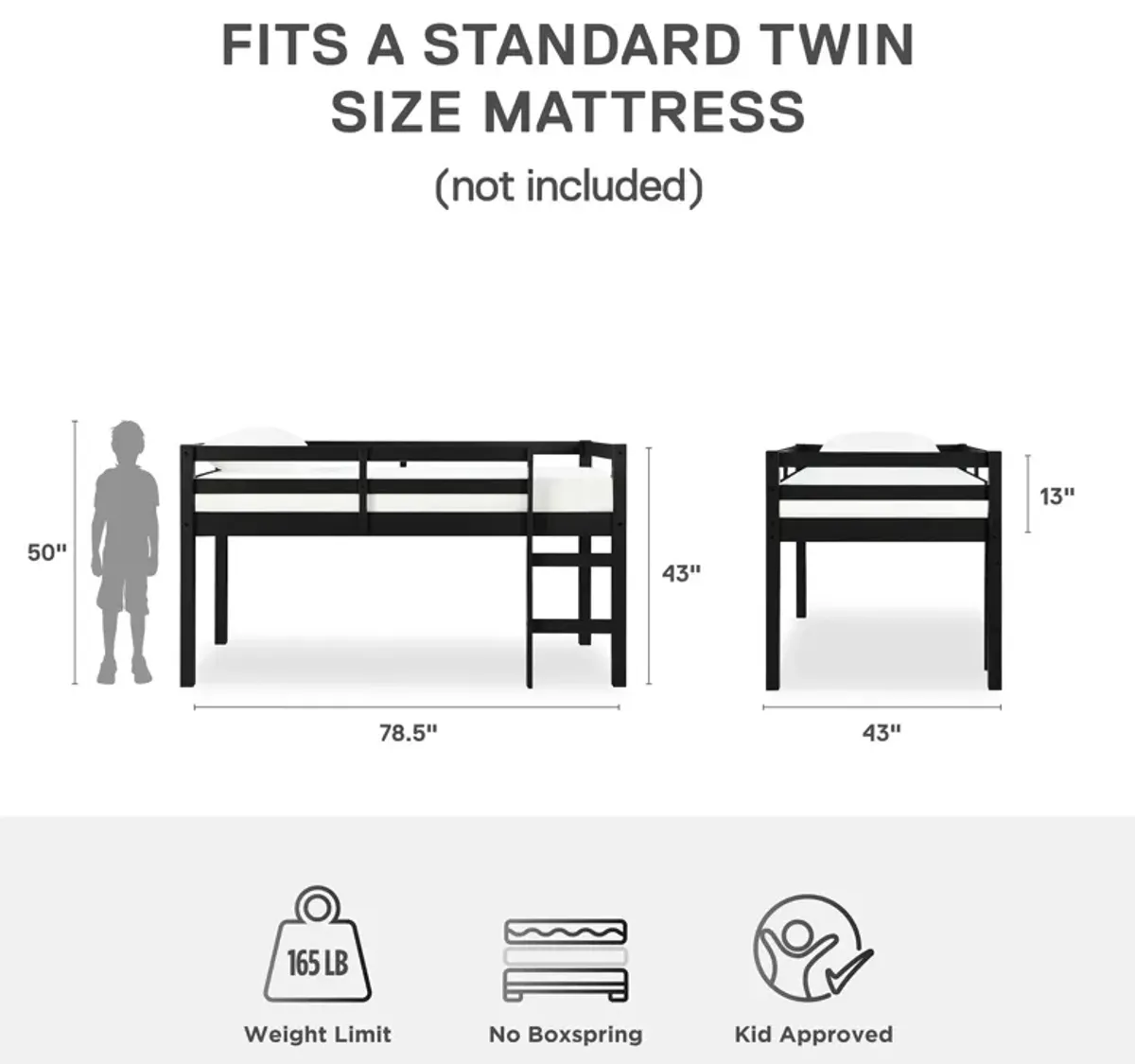 Milton Junior Twin Size Wooden Espresso Loft Bed for Kids