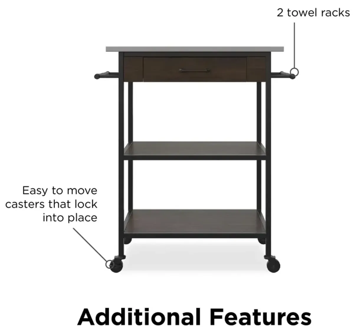 Kane Kitchen Cart with 1 Drawer, 2 Shelves and 2 Towel Bars