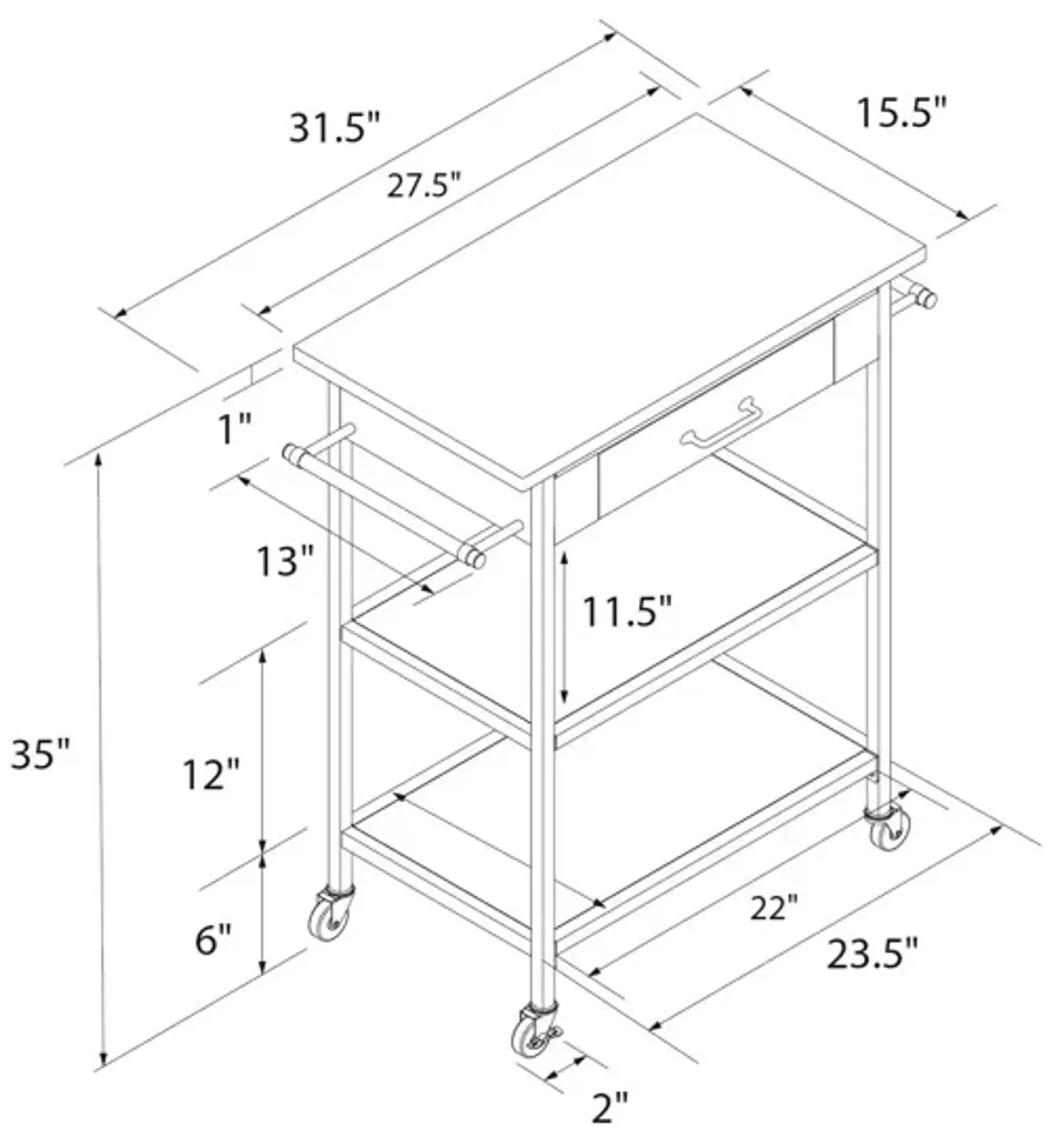 Kane Kitchen Cart with 1 Drawer, 2 Shelves and 2 Towel Bars