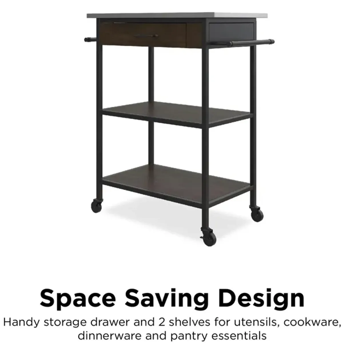 Kane Kitchen Cart with 1 Drawer, 2 Shelves and 2 Towel Bars