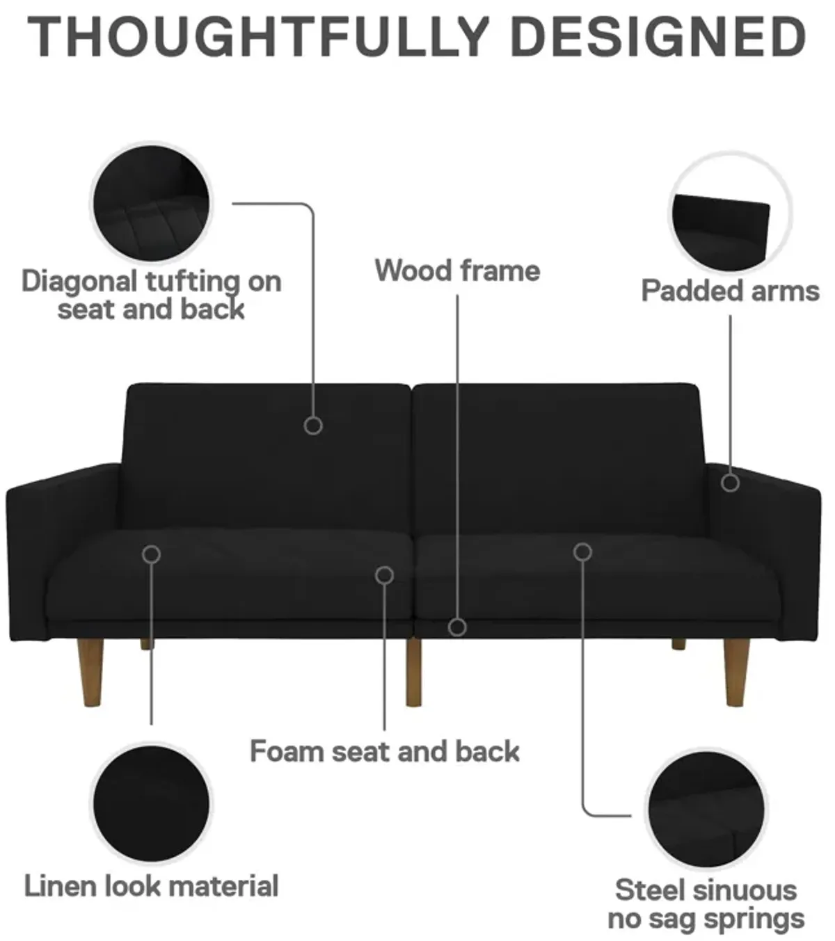 Paxson Futon with Solid Wood Legs and Diagonal Design