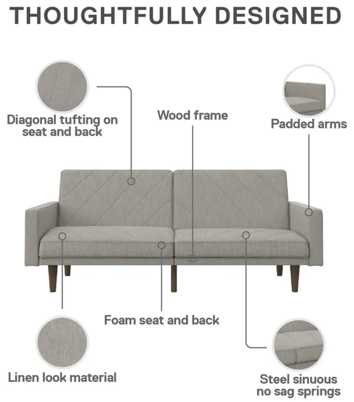 Paxson Futon with Solid Wood Legs and Diagonal Design