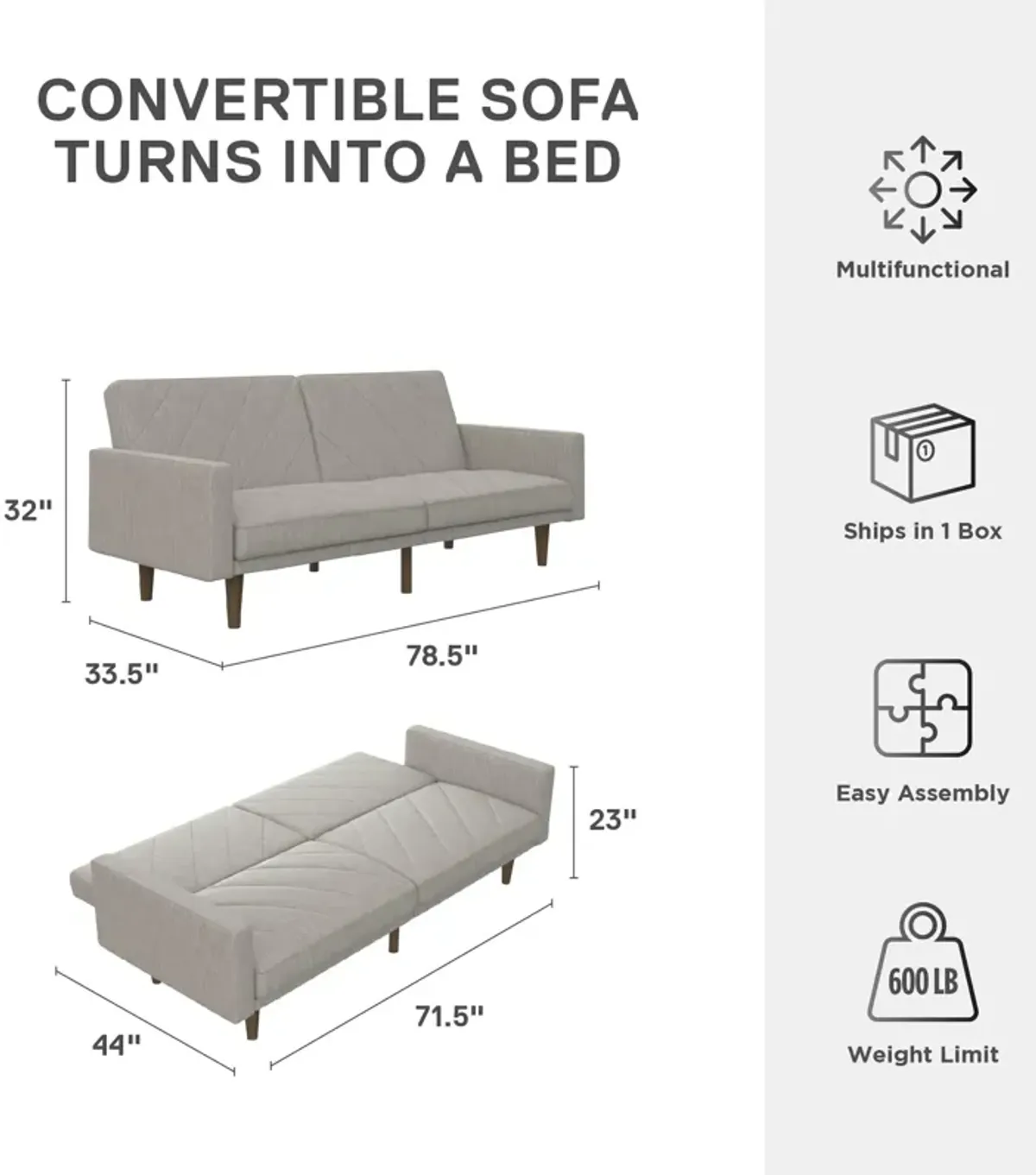 Paxson Futon with Solid Wood Legs and Diagonal Design