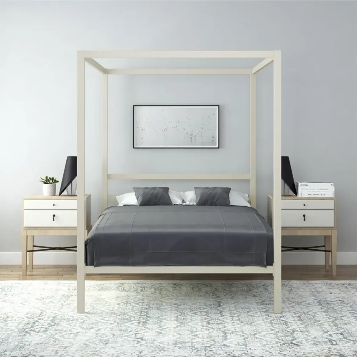 Modern Metal Canopy Bed with Sleek Built-In Headboard