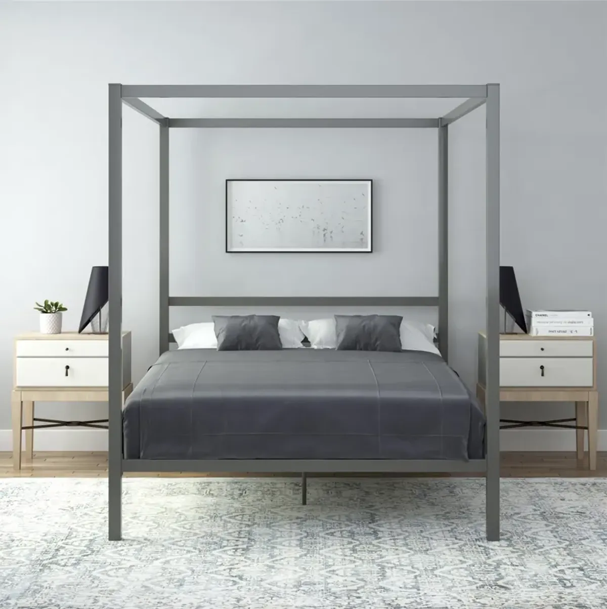 Modern Metal Canopy Bed with Sleek Built-In Headboard