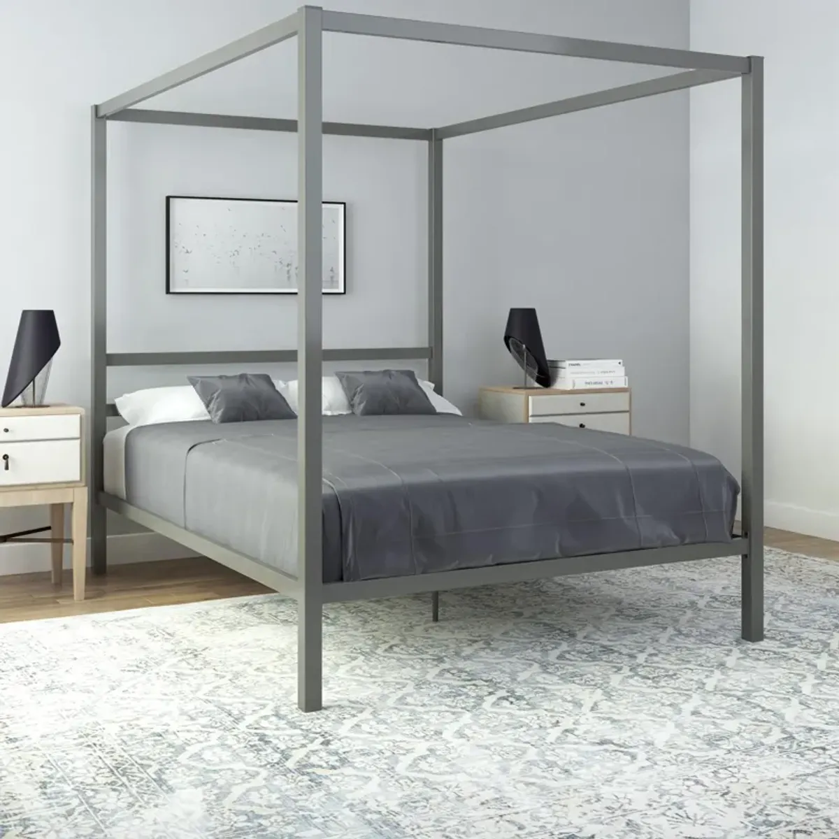 Modern Metal Canopy Bed with Sleek Built-In Headboard