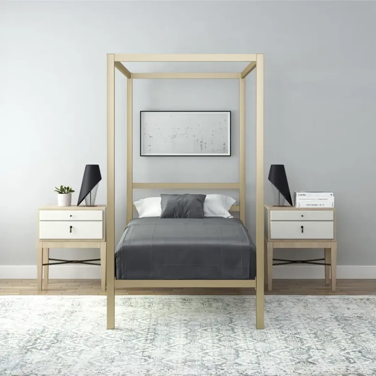 Modern Metal Canopy Bed with Sleek Built-In Headboard