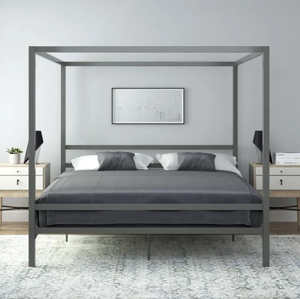 Modern Metal Canopy Bed with Sleek Built-In Headboard