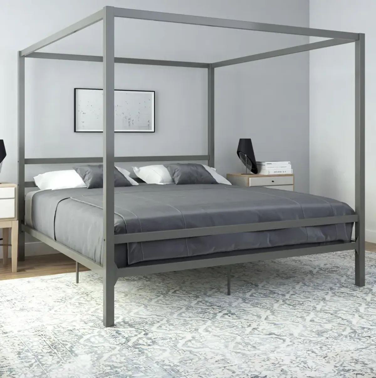 Modern Metal Canopy Bed with Sleek Built-In Headboard