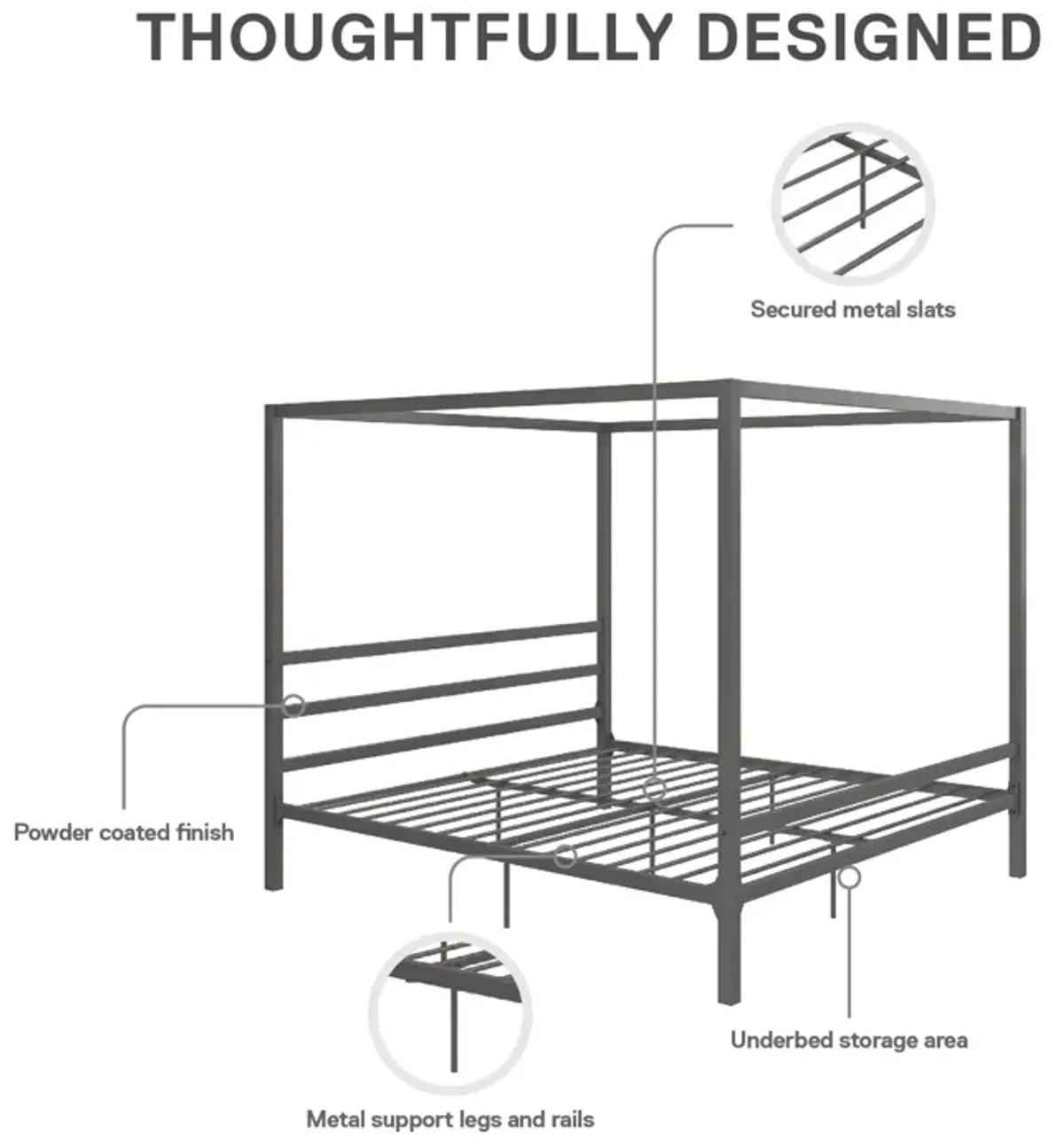 Modern Metal Canopy Bed with Sleek Built-In Headboard