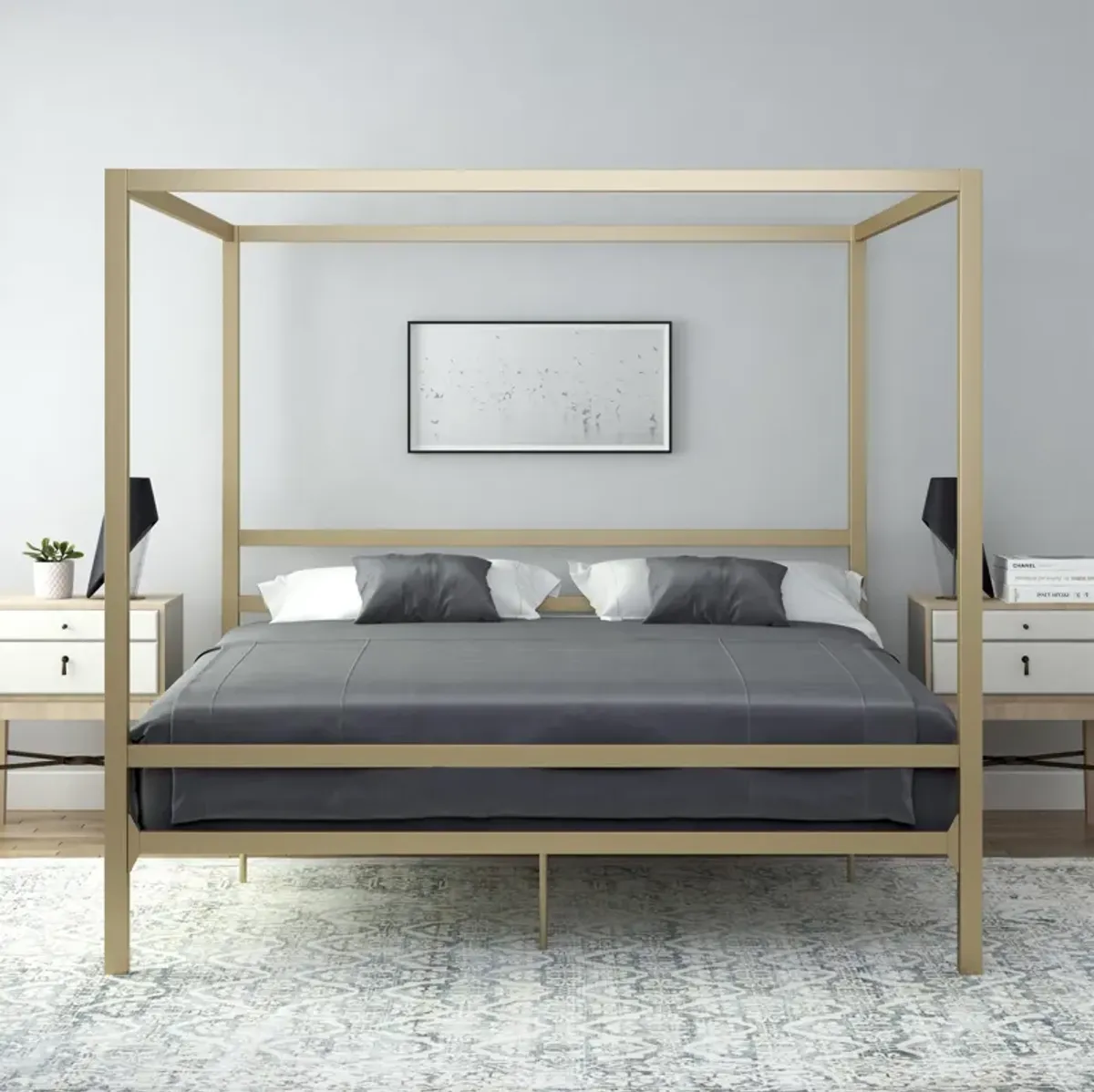 Modern Metal Canopy Bed with Sleek Built-In Headboard