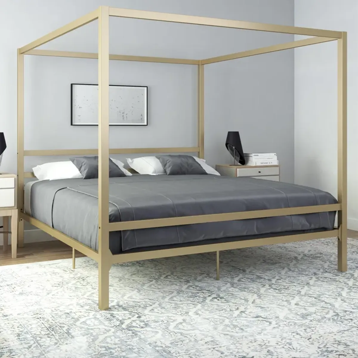 Modern Metal Canopy Bed with Sleek Built-In Headboard