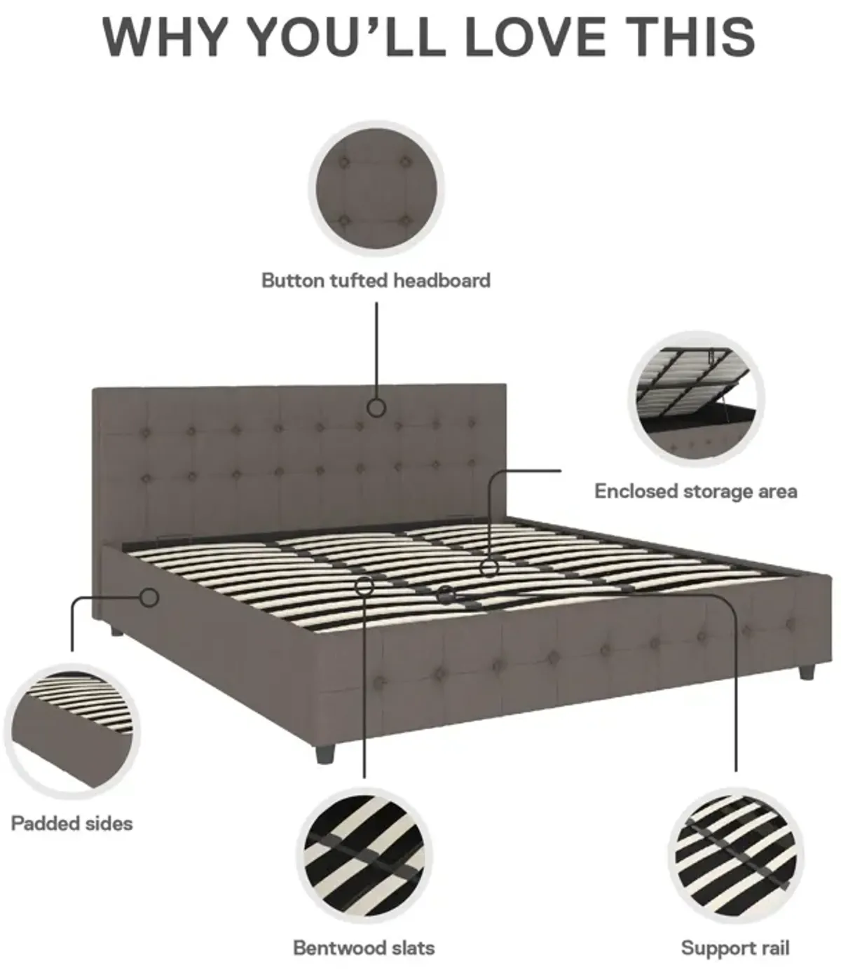 Cambridge Upholstered Bed with Gas Lift Storage Compartment