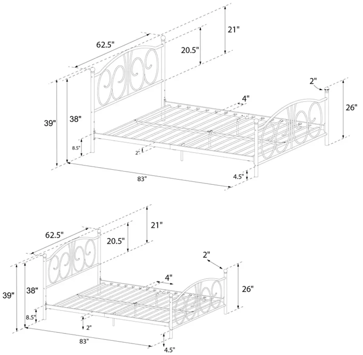 Victoria Metal Platform Bed with Headboard, Footboard and 2 Height Options